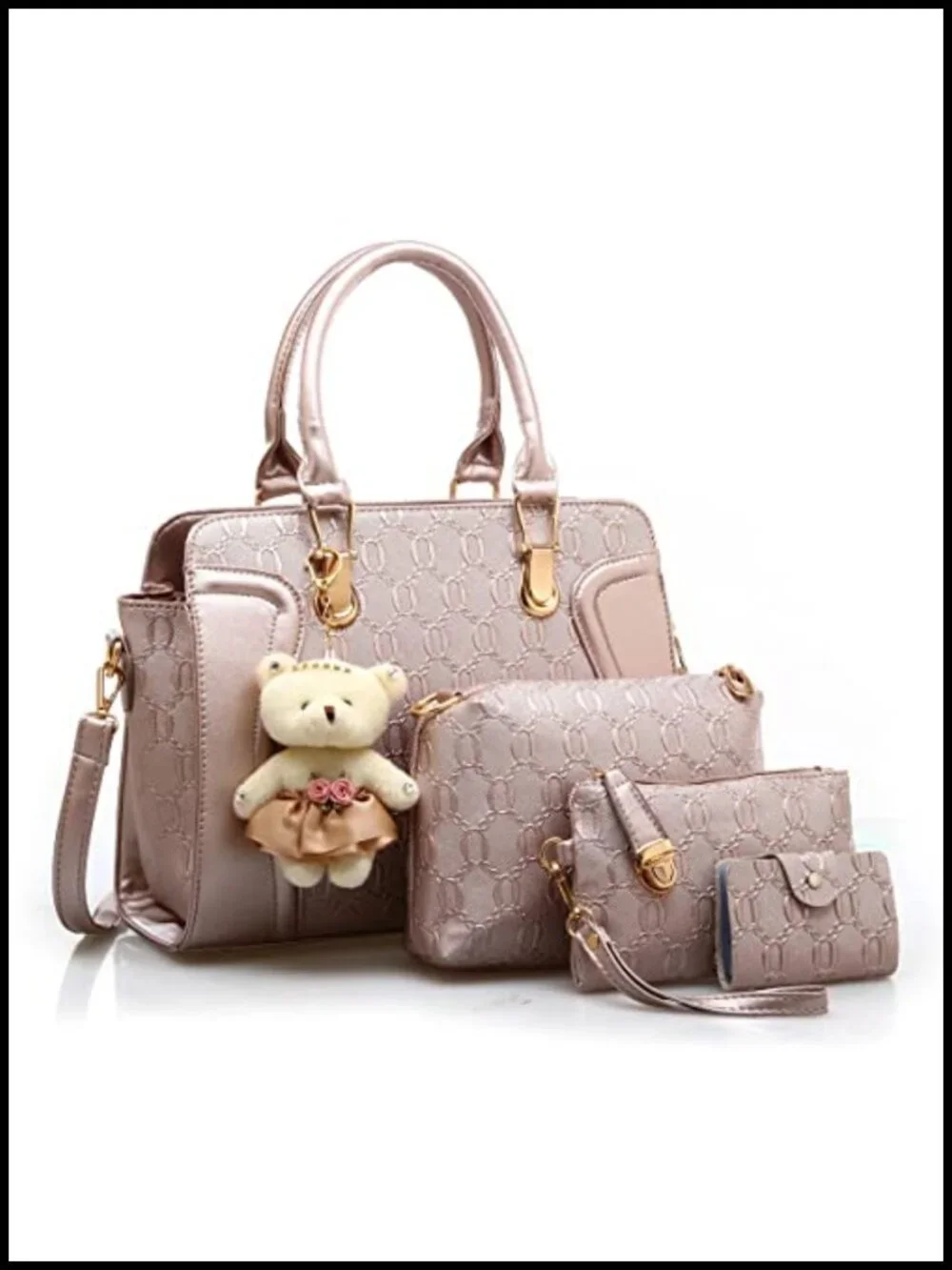 Faux Leather Top Handle Satchel Tote Bag Set 4 pcs Chain Texture